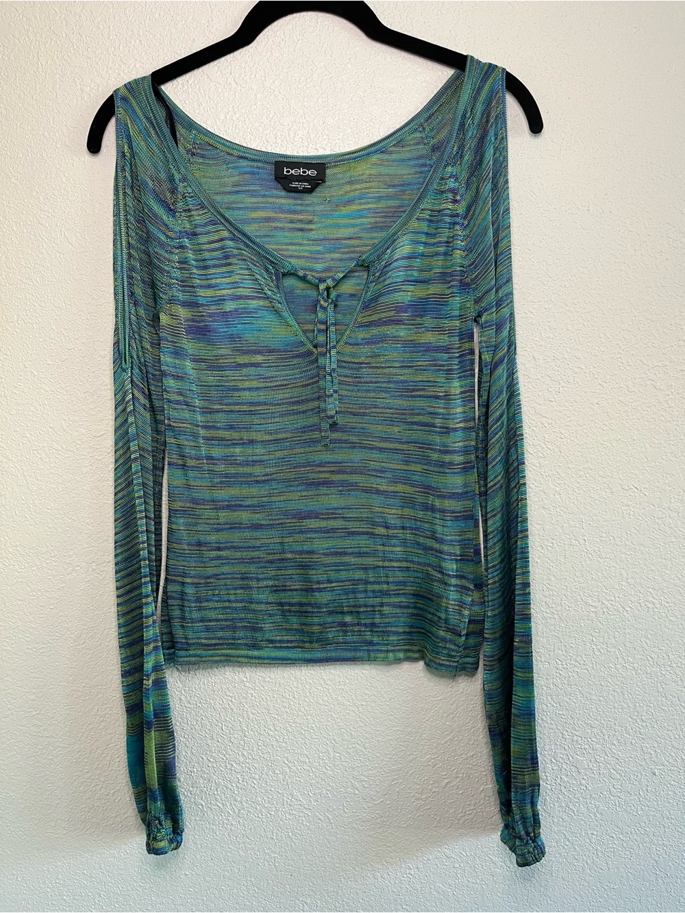 bebe Y2K Festival Coquette Teal and Blue Striped Lace-Up Long Sleeve Top S